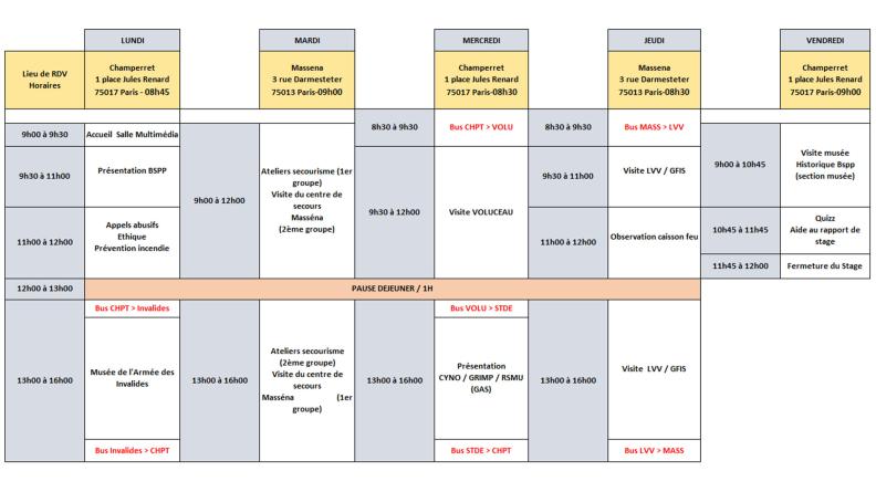 Planning de la semaine de stage pour les 2nd